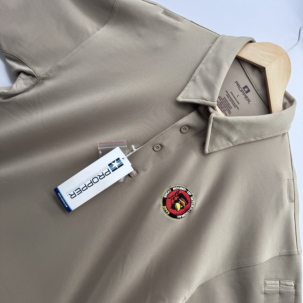 Proper ICE Performance Polo Shirt Mens L Tan Swat Round Up International 2013